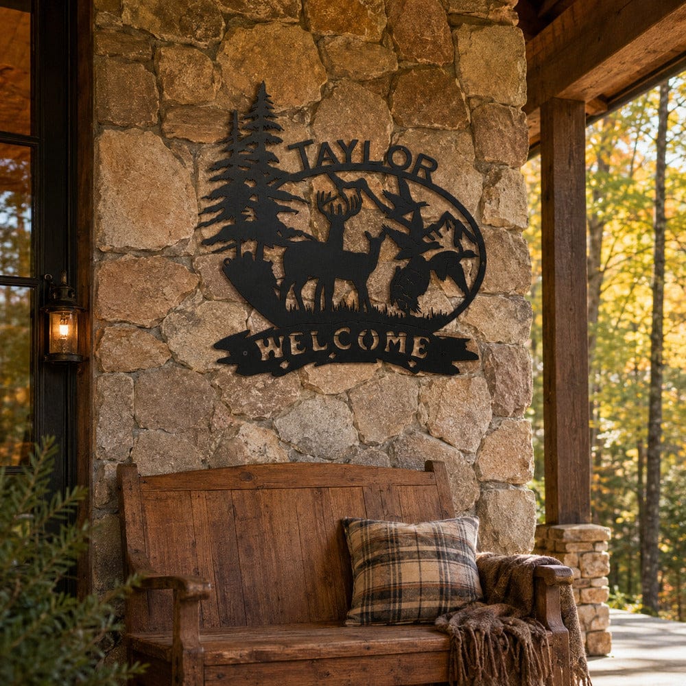 Personalized TAYLOR wildlife metal sign with deer ducks and turkey displayed on a rustic stone lodge wall