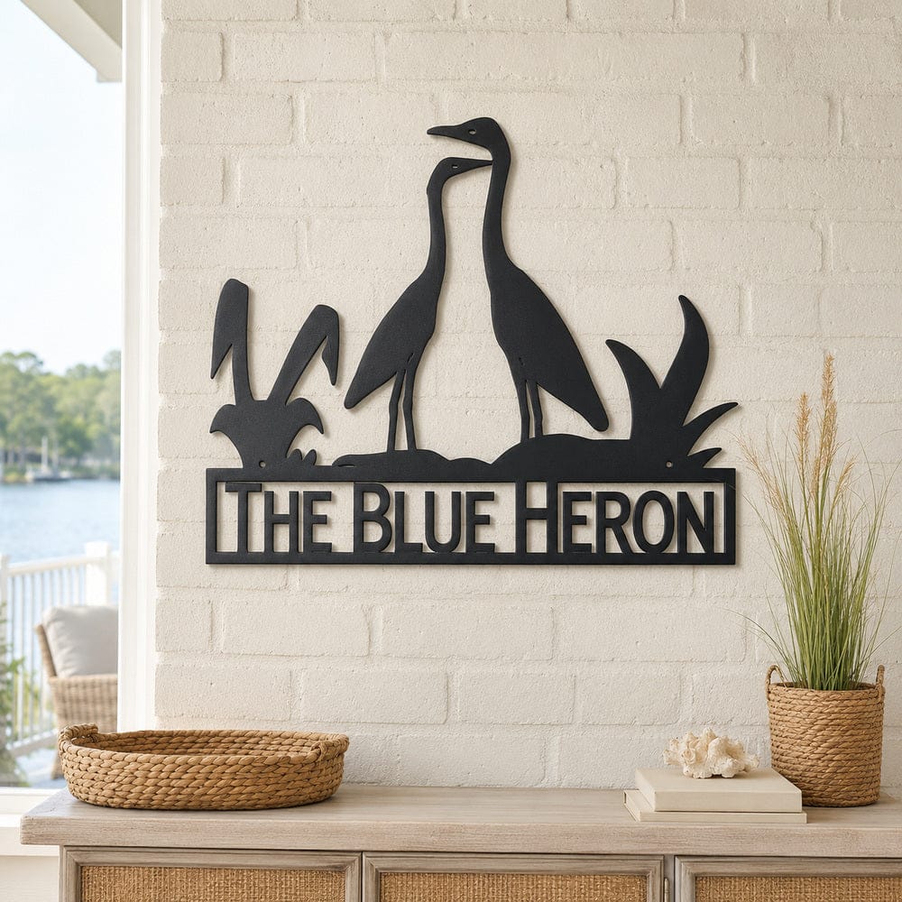 Rusty Rooster Fabrication & Design metal Sign Personalized Blue Heron Metal Sign – Lake House Wall Art (X1)
