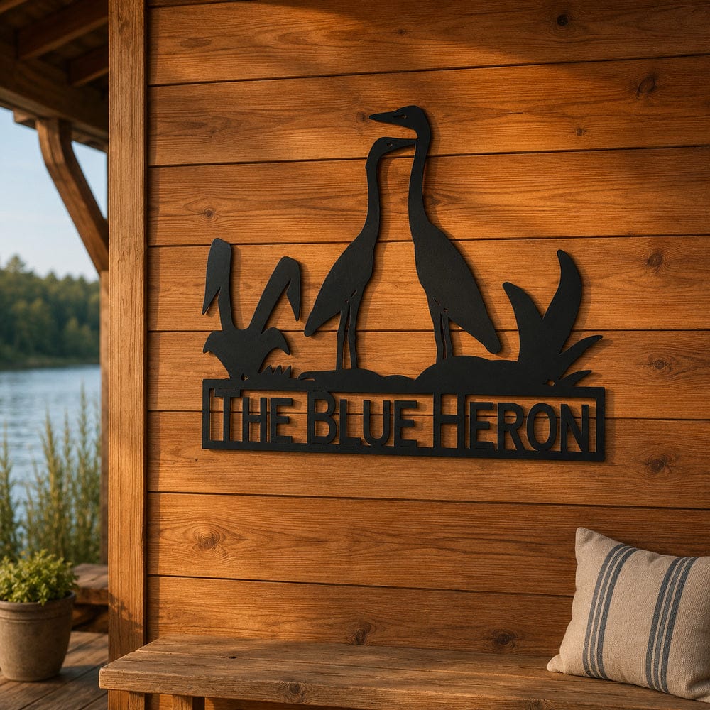 Rusty Rooster Fabrication & Design metal Sign Personalized Blue Heron Metal Sign – Lake House Wall Art (X1)