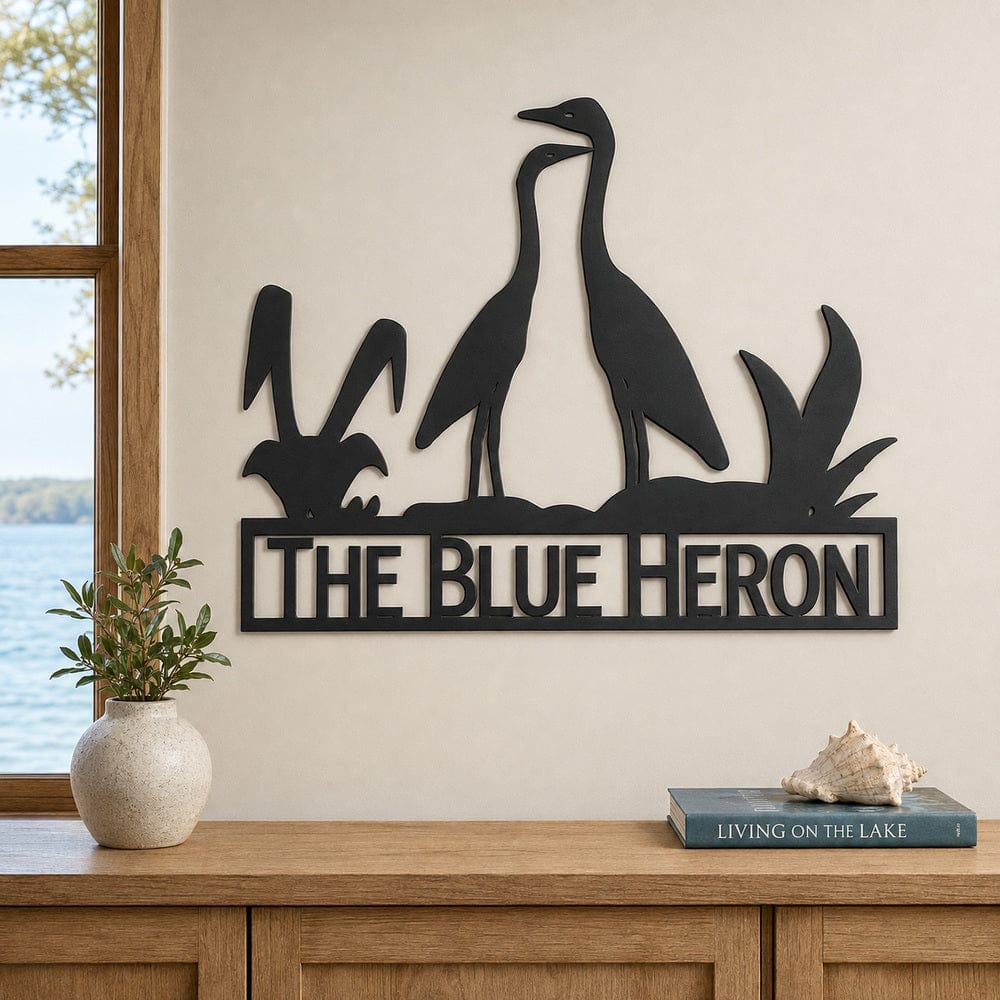 Rusty Rooster Fabrication & Design metal Sign Personalized Blue Heron Metal Sign – Lake House Wall Art (X1)