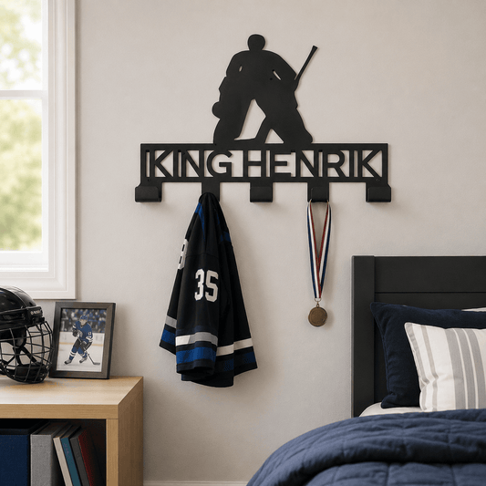 Rusty Rooster Fabrication & Design metal Sign Personalized Hockey Goalie Medal & Gear Rack (Y28)