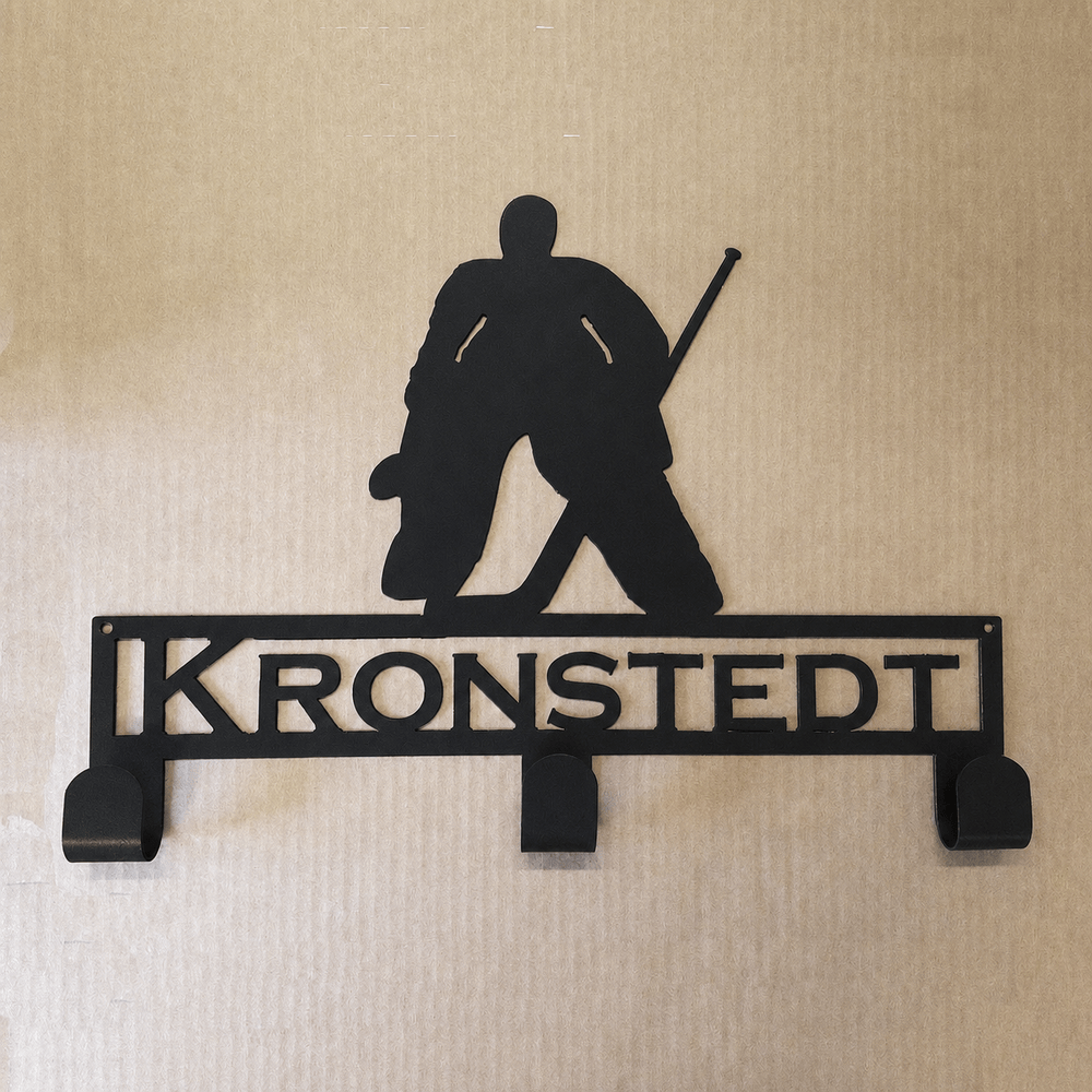 Rusty Rooster Fabrication & Design metal Sign Personalized Hockey Goalie Medal & Gear Rack (Y28)