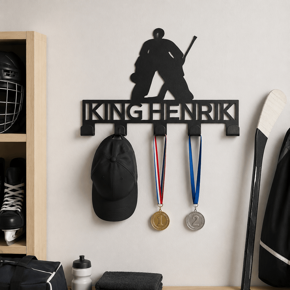 Rusty Rooster Fabrication & Design metal Sign Personalized Hockey Goalie Medal & Gear Rack (Y28)