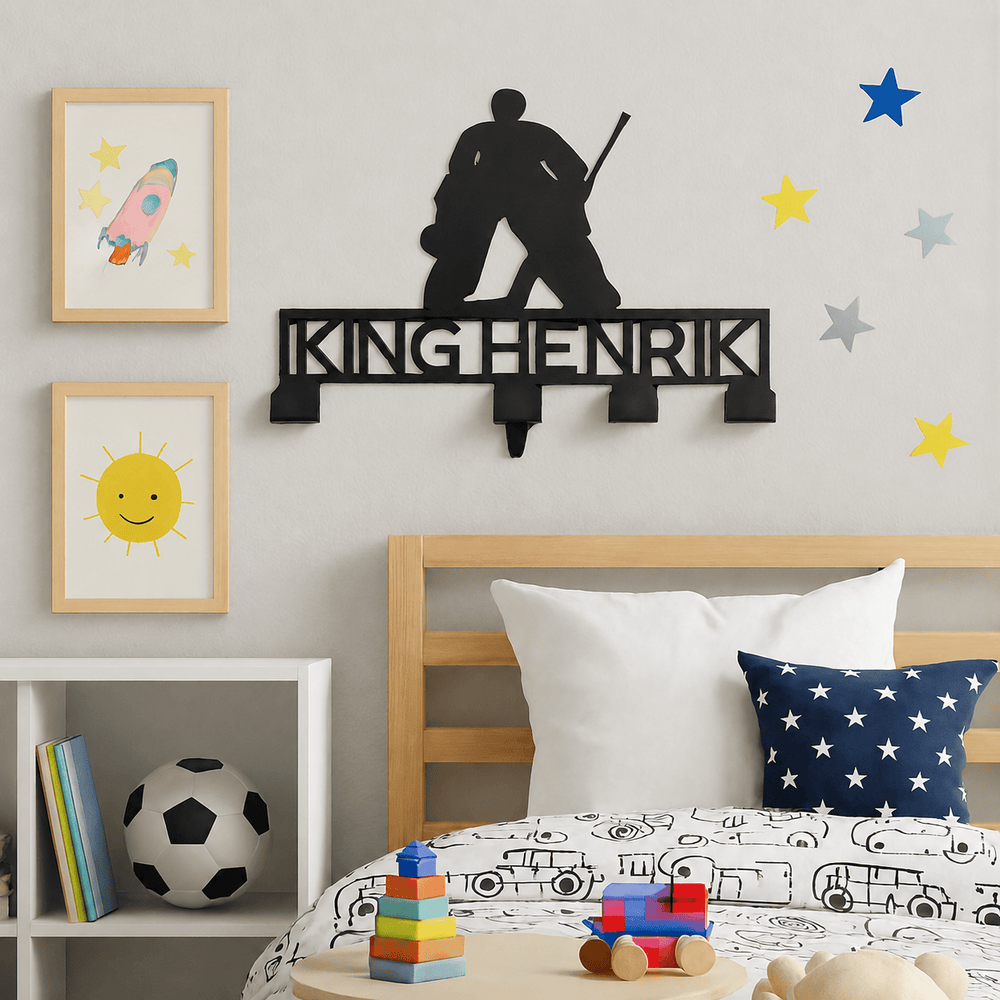 Rusty Rooster Fabrication & Design metal Sign Personalized Hockey Goalie Medal & Gear Rack (Y28)