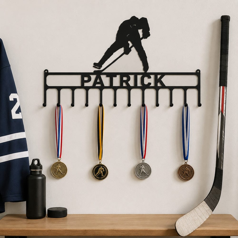 Rusty Rooster Fabrication & Design metal Sign Personalized Hockey Medal Display Rack – Custom Name (P18)