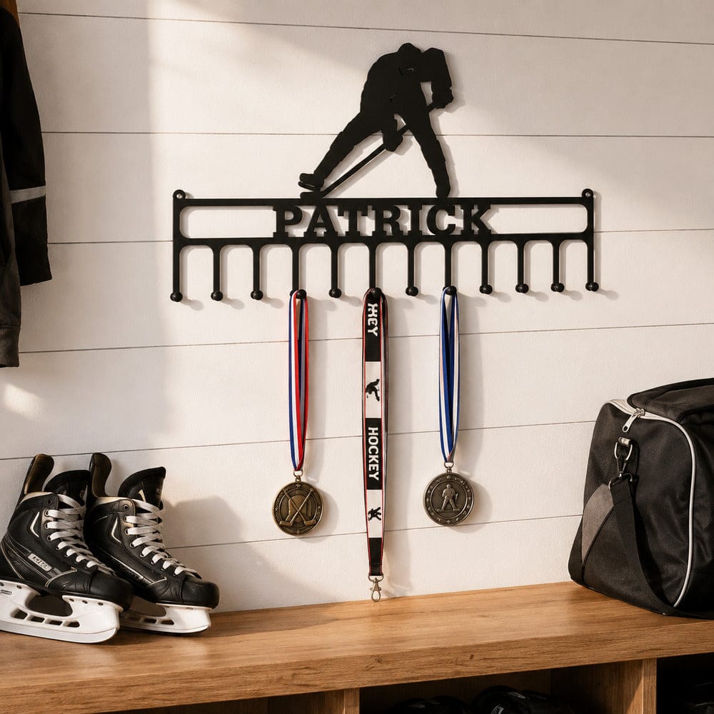 Rusty Rooster Fabrication & Design metal Sign Personalized Hockey Medal Display Rack – Custom Name (P18)