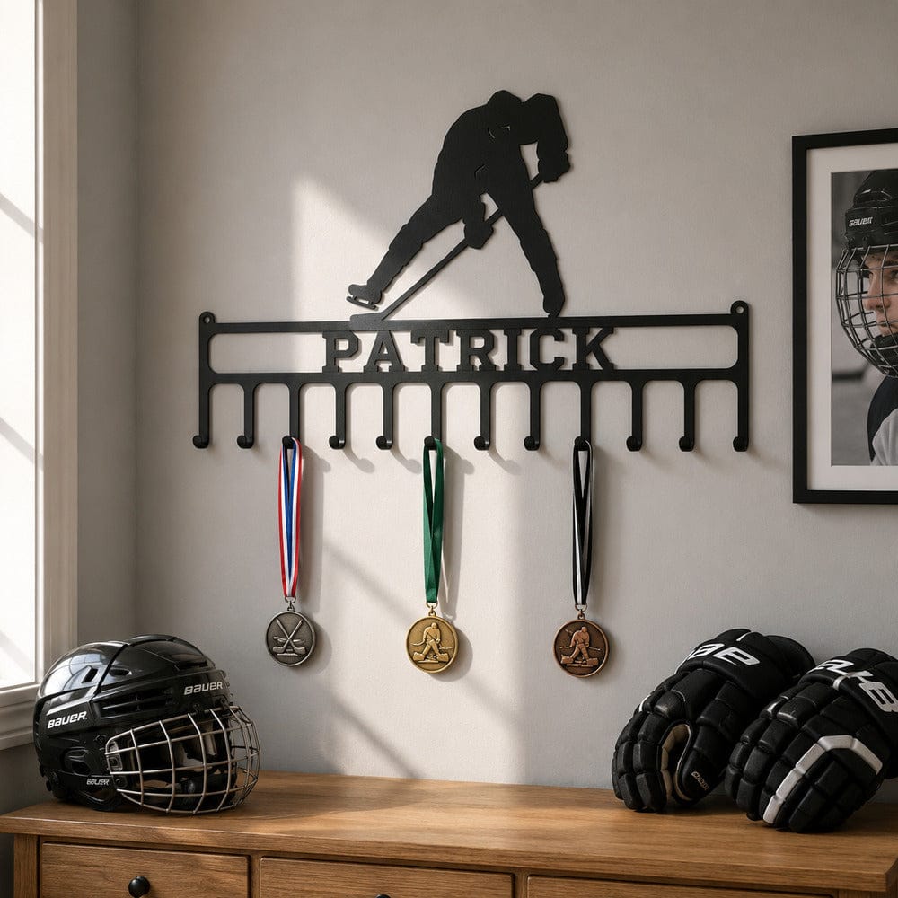 Rusty Rooster Fabrication & Design metal Sign Personalized Hockey Medal Display Rack – Custom Name (P18)