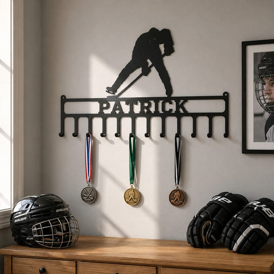 Rusty Rooster Fabrication & Design metal Sign Personalized Hockey Medal Display Rack – Custom Name (P18)