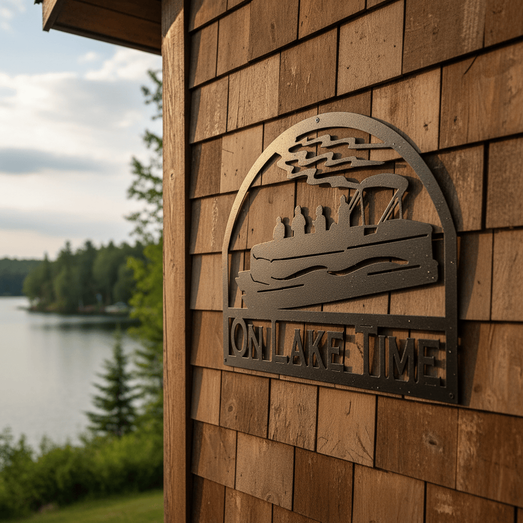 metal Sign Pontoon Boat with Family and Friends on the Lake