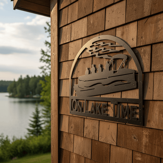 metal Sign Pontoon Boat with Family and Friends on the Lake