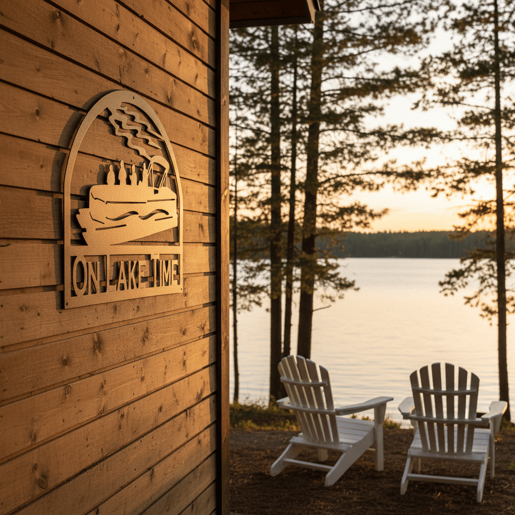 metal Sign Pontoon Boat with Family and Friends on the Lake