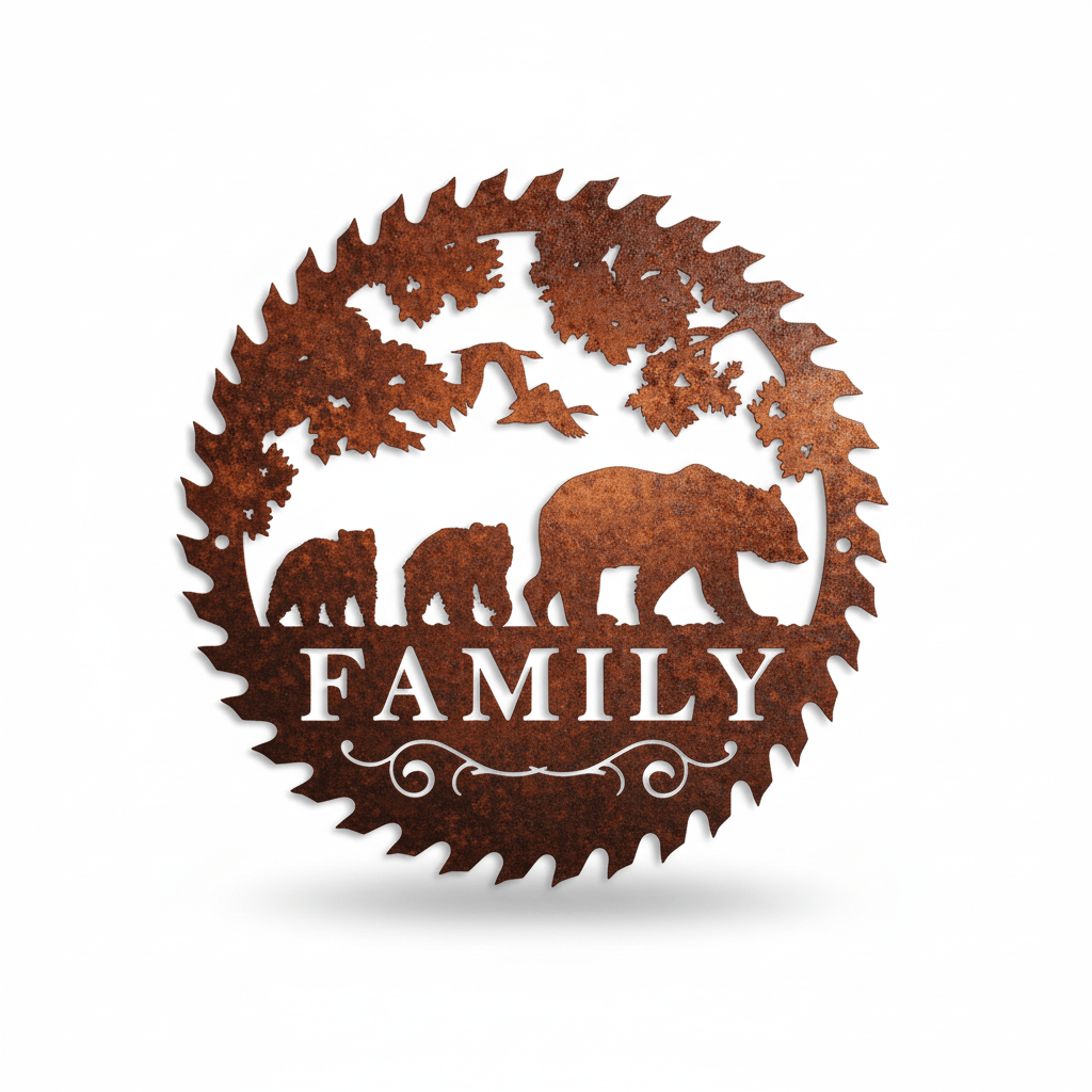 Rusty Rooster Fabrication & Design metal Sign Round Saw Blade with Bear and Cubs (Pkg of 4) (A70)
