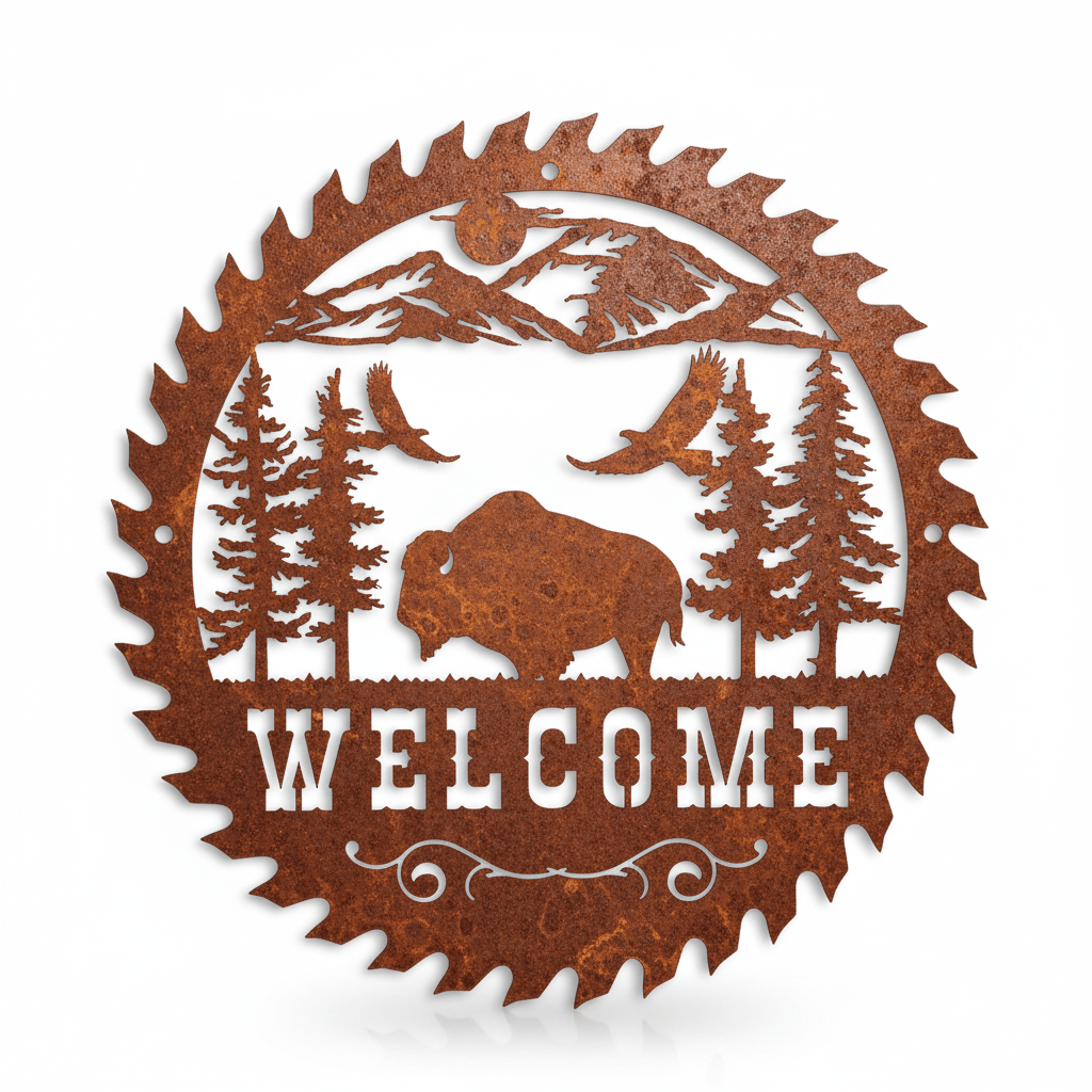 Rusty Rooster Fabrication & Design metal Sign Round Saw Buffallo (Pkg of 4) (A65)