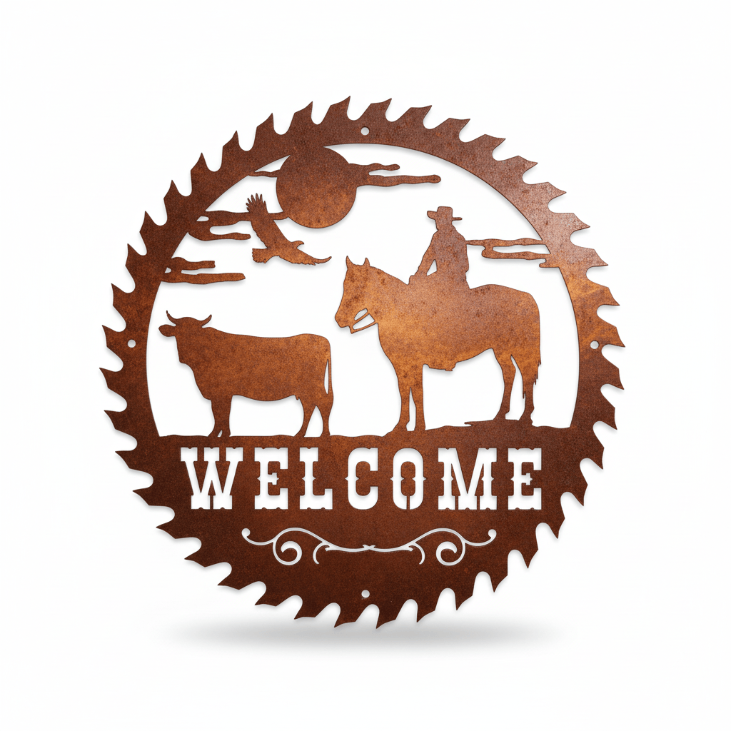 Rusty Rooster Fabrication & Design metal Sign Round Saw Cowboy (Pkg of 4) (A67)