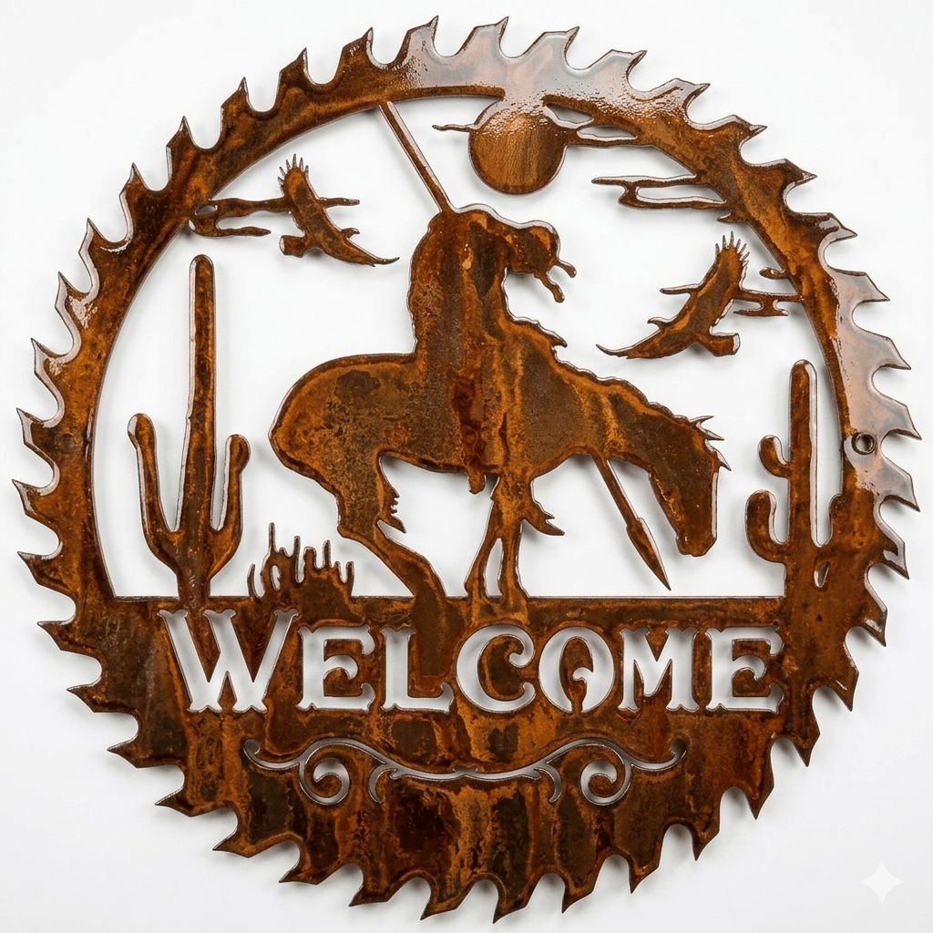 Rusty Rooster Fabrication & Design metal Sign Round Saw Trails End (Pkg of 4) (A66)