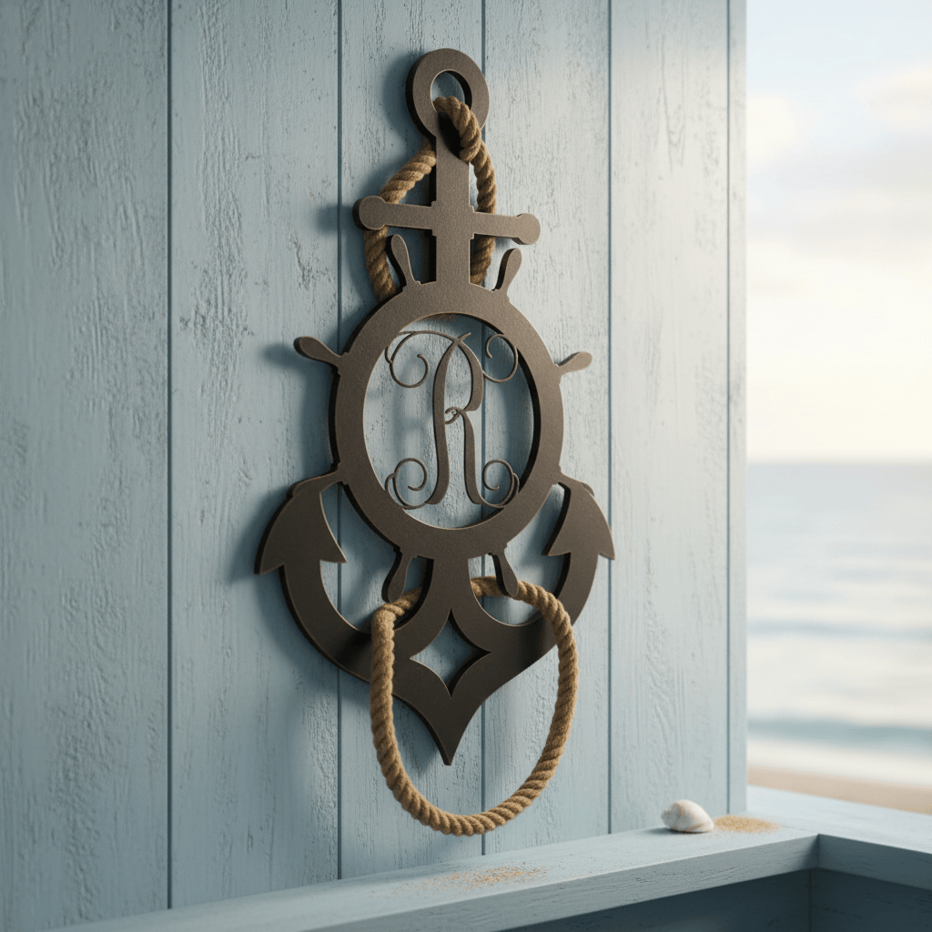 Rusty Rooster Fabrication & Design metal Sign Ships Wheel And Anchor With Vine Monogram  (S23)