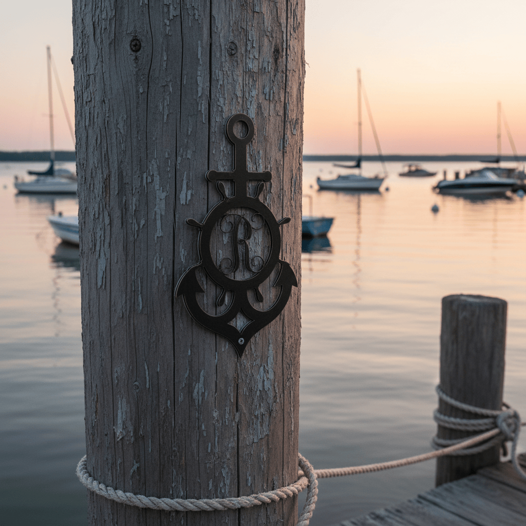Rusty Rooster Fabrication & Design metal Sign Ships Wheel And Anchor With Vine Monogram  (S23)
