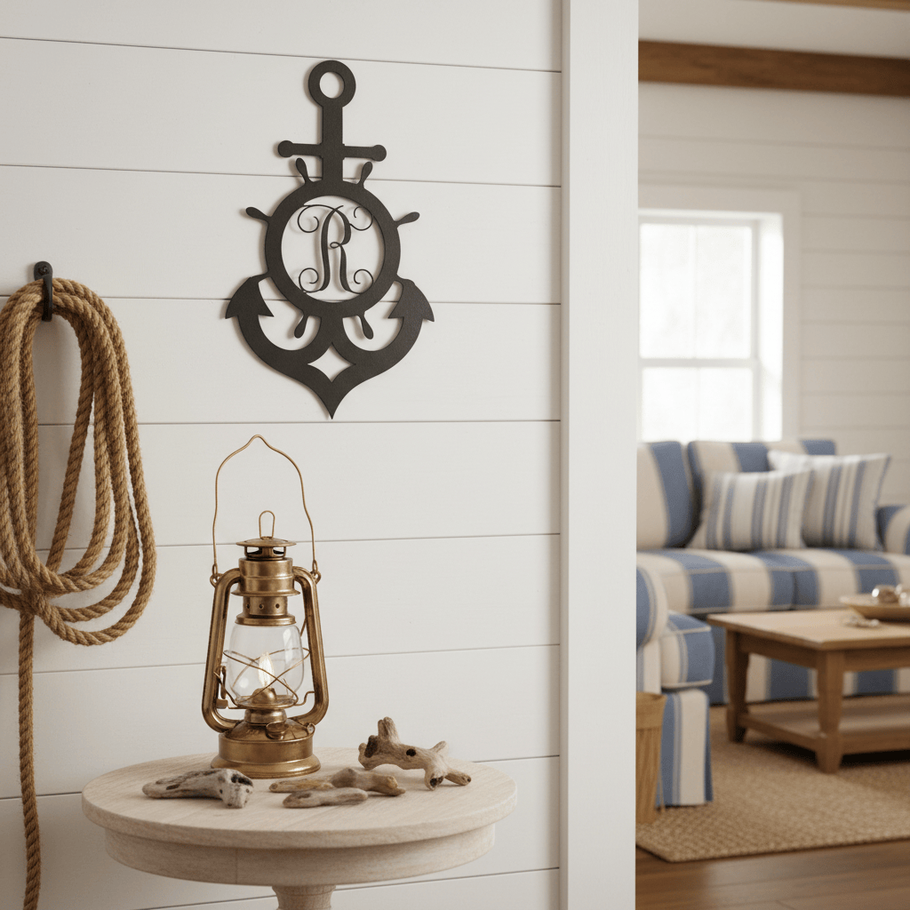 Rusty Rooster Fabrication & Design metal Sign Ships Wheel And Anchor With Vine Monogram  (S23)