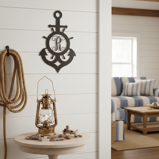 Rusty Rooster Fabrication & Design metal Sign Ships Wheel And Anchor With Vine Monogram  (S23)