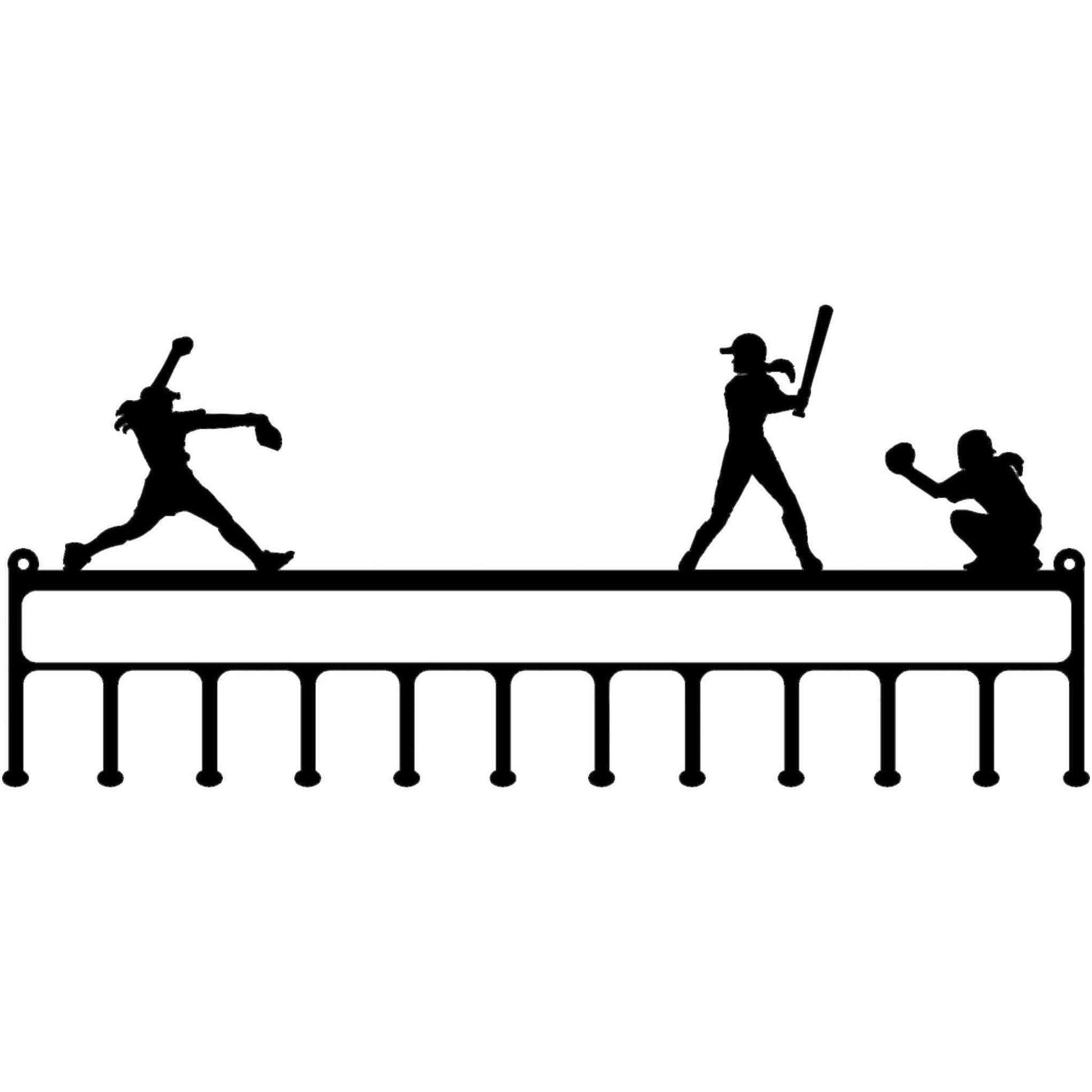 Rusty Rooster Fabrication & Design metal Sign Softball Medal / Ribbon Holder with A Pitcher Batter and Fielder and Custom Text Box (W25)