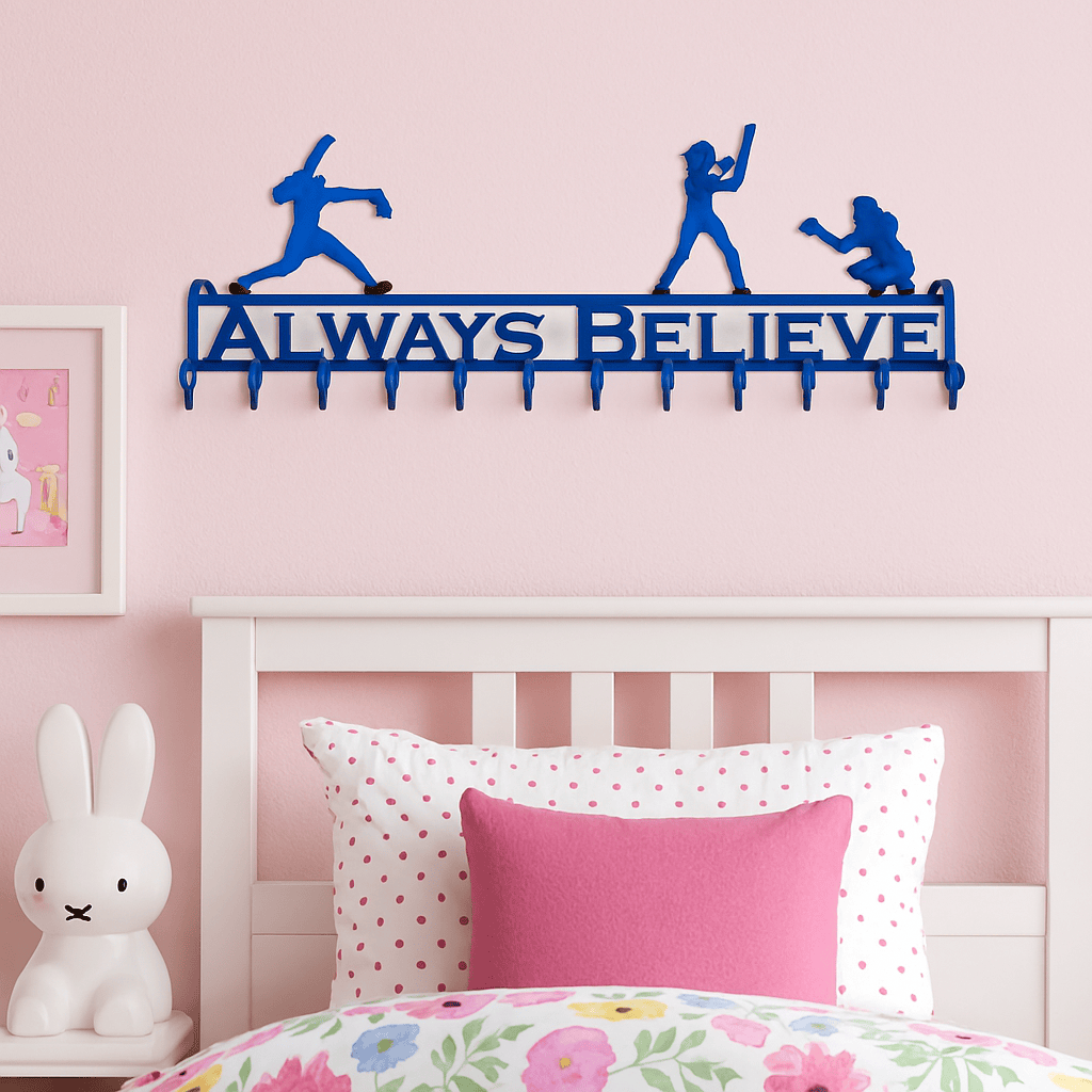 Rusty Rooster Fabrication & Design metal Sign Softball Medal / Ribbon Holder with A Pitcher Batter and Fielder and Custom Text Box (W25)