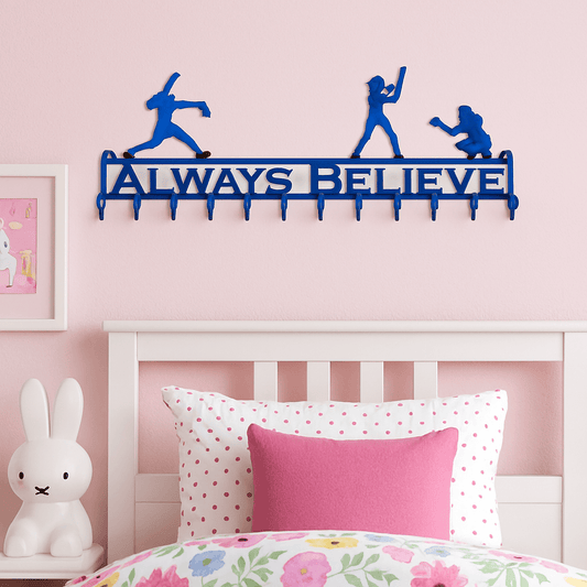 Rusty Rooster Fabrication & Design metal Sign Softball Medal / Ribbon Holder with A Pitcher Batter and Fielder and Custom Text Box (W25)