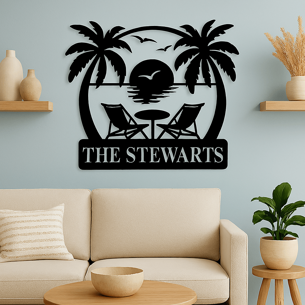 Rusty Rooster Fabrication & Design metal Sign Sunset Shores Escape – Personalized Tropical Metal Sign (B94)