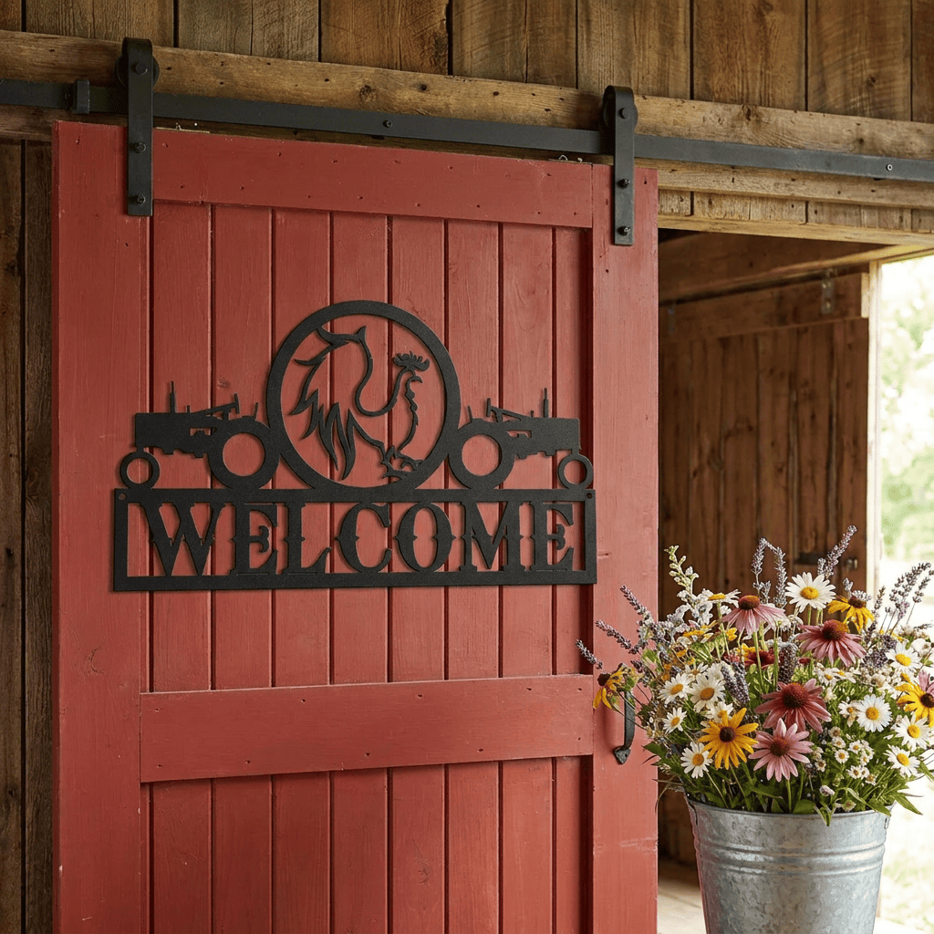 metal Sign Tractors and Rooster Welcome Sign
