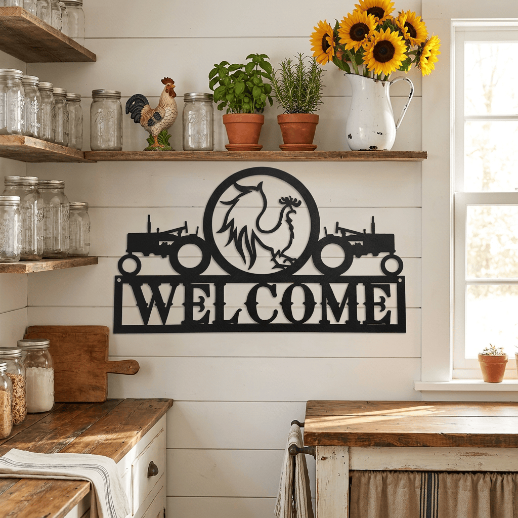 metal Sign Tractors and Rooster Welcome Sign