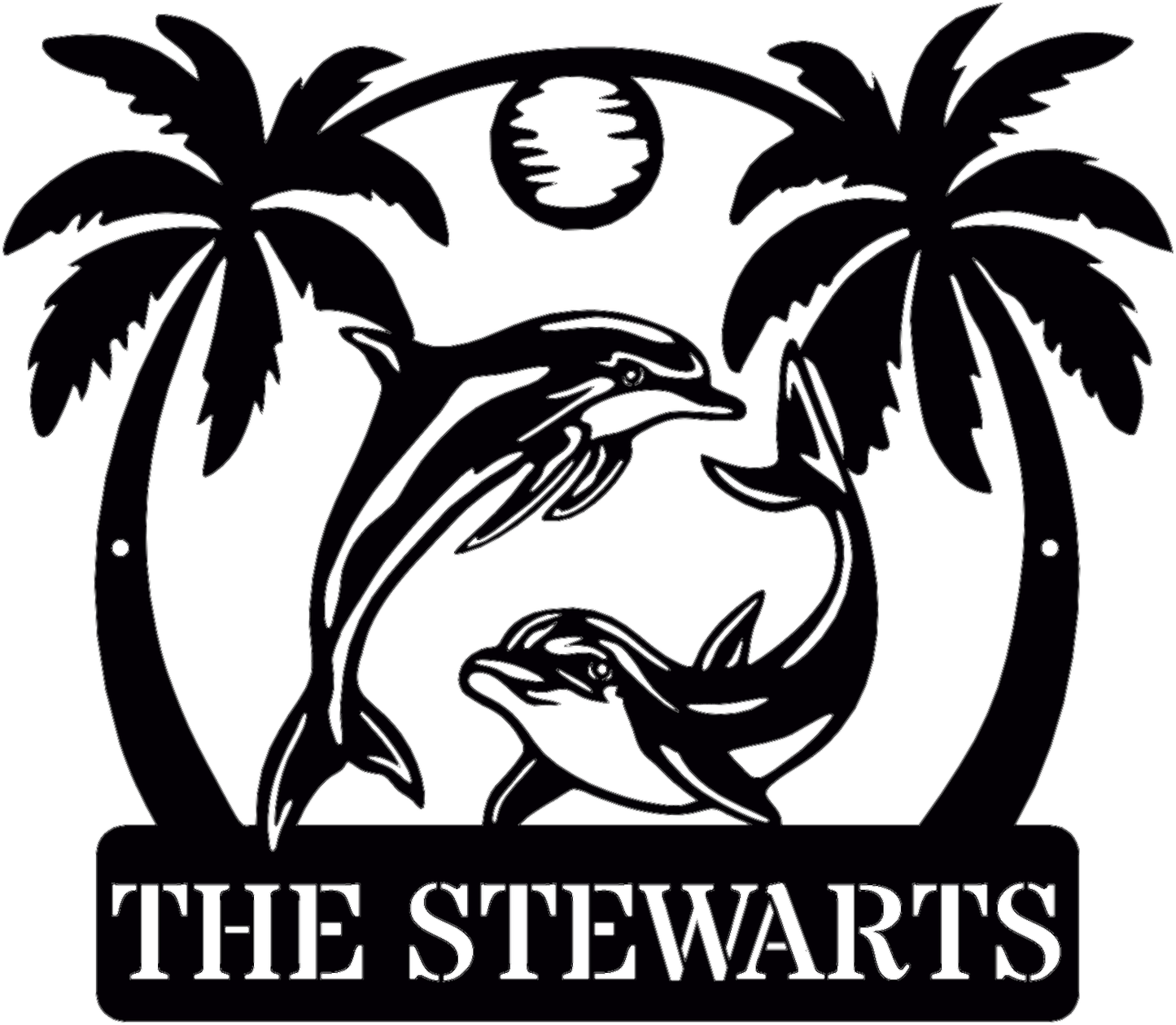 Rusty Rooster Fabrication & Design metal Sign Tropical Dolphin Escape – Custom Metal Sign with Palm Trees & Sun (B92)