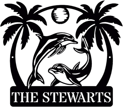 Rusty Rooster Fabrication & Design metal Sign Tropical Dolphin Escape – Custom Metal Sign with Palm Trees & Sun (B92)