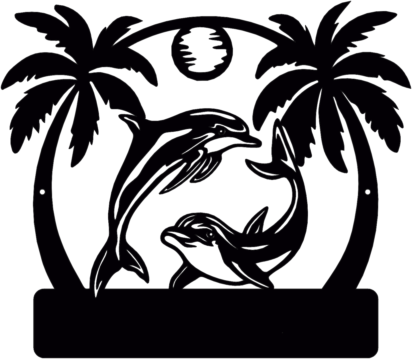 Rusty Rooster Fabrication & Design metal Sign Tropical Dolphin Escape – Custom Metal Sign with Palm Trees & Sun (B92)