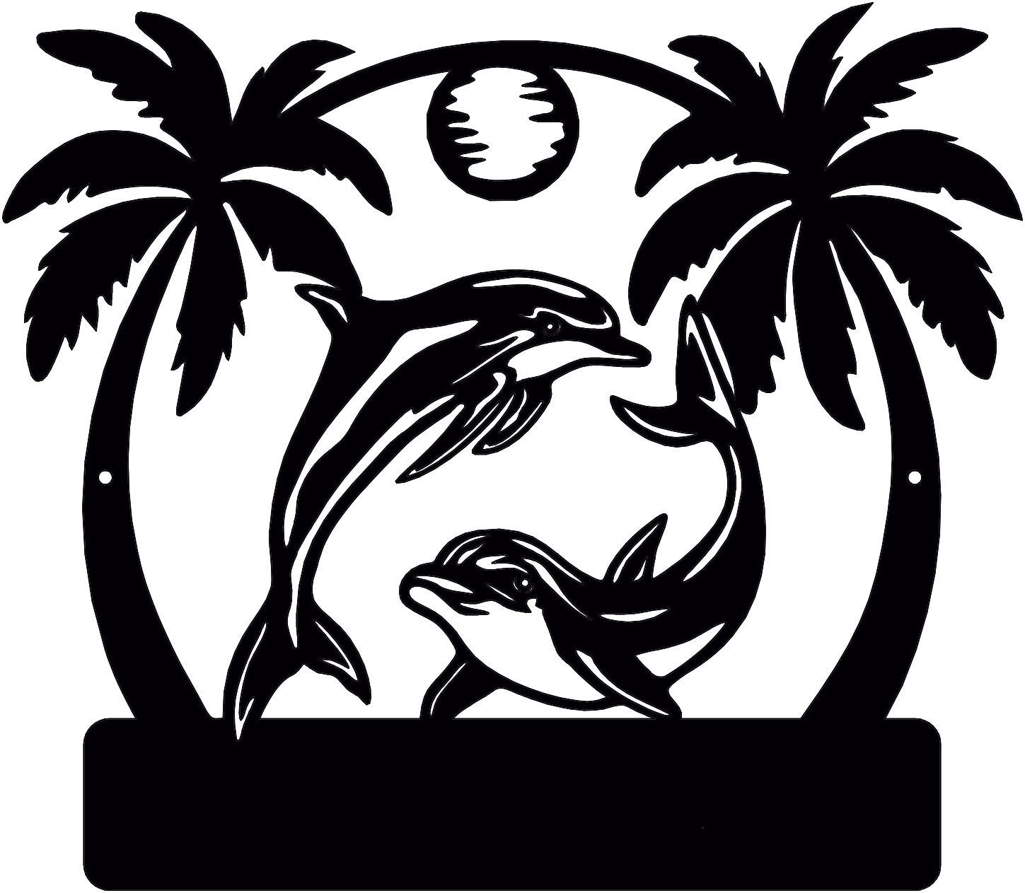 Rusty Rooster Fabrication & Design metal Sign Tropical Dolphin Escape – Custom Metal Sign with Palm Trees & Sun (B92)