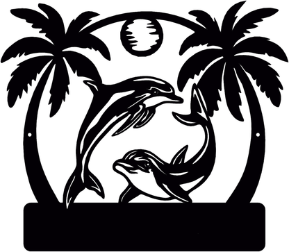 Rusty Rooster Fabrication & Design metal Sign Tropical Dolphin Escape – Custom Metal Sign with Palm Trees & Sun (B92)