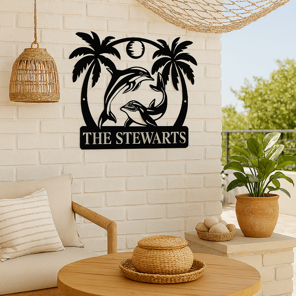 Rusty Rooster Fabrication & Design metal Sign Tropical Dolphin Escape – Custom Metal Sign with Palm Trees & Sun (B92)