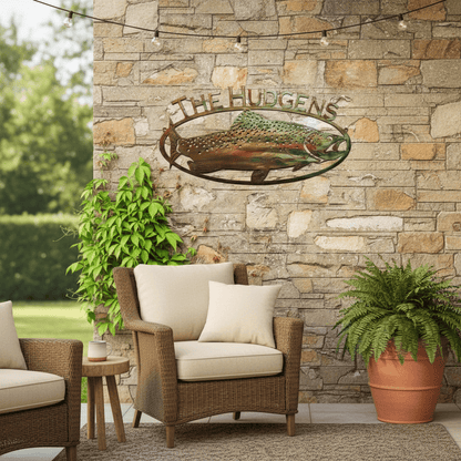Rusty Rooster Fabrication & Design metal Sign Trout Fish Sign with Custom Text – Rustic Lodge Wall Decor (D13)