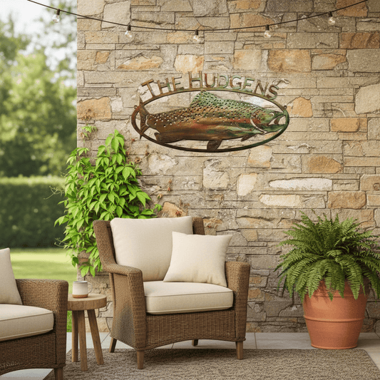 Rusty Rooster Fabrication & Design metal Sign Trout Fish Sign with Custom Text – Rustic Lodge Wall Decor (D13)