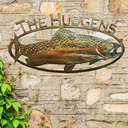 Rusty Rooster Fabrication & Design metal Sign Trout Fish Sign with Custom Text – Rustic Lodge Wall Decor (D13)