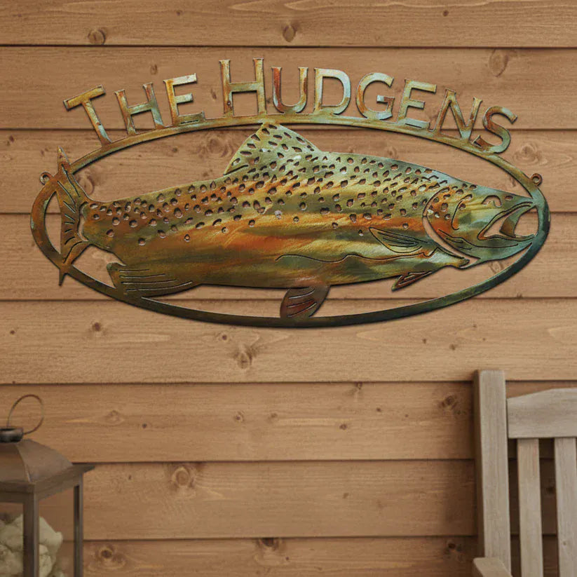 Rusty Rooster Fabrication & Design metal Sign Trout Fish Sign with Custom Text – Rustic Lodge Wall Decor (D13)