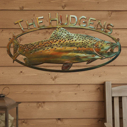 Rusty Rooster Fabrication & Design metal Sign Trout Fish Sign with Custom Text – Rustic Lodge Wall Decor (D13)
