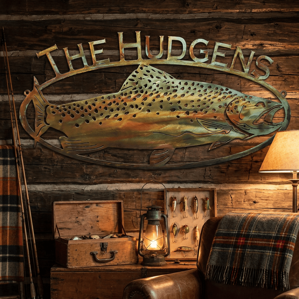 Rusty Rooster Fabrication & Design metal Sign Trout Fish Sign with Custom Text – Rustic Lodge Wall Decor (D13)