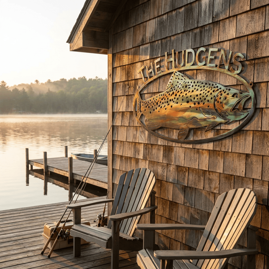Rusty Rooster Fabrication & Design metal Sign Trout Fish Sign with Custom Text – Rustic Lodge Wall Decor (D13)