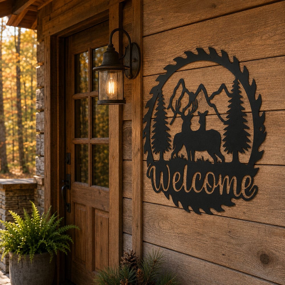 metal Sign Welcome Deer Saw Blade Metal Sign – Rustic Cabin Decor