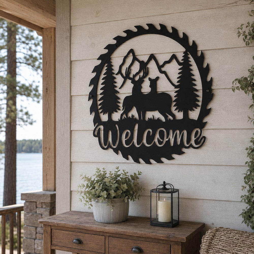 metal Sign Welcome Deer Saw Blade Metal Sign – Rustic Cabin Decor