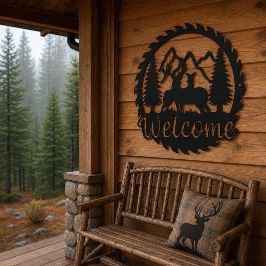 metal Sign Welcome Deer Saw Blade Metal Sign – Rustic Cabin Decor