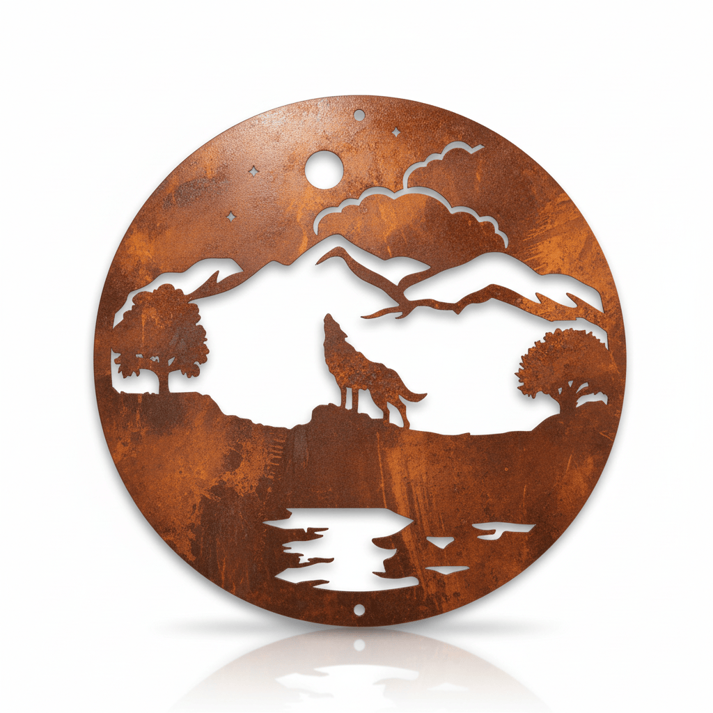 Rusty Rooster Fabrication & Design metal Sign Wolf and Moon in a Circle ( Pkg of 4 ) (A35 )