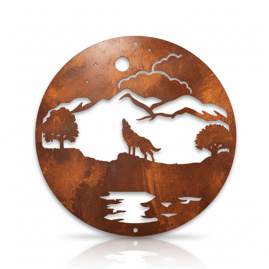 Rusty Rooster Fabrication & Design metal Sign Wolf and Moon in a Circle ( Pkg of 4 ) (A35 )