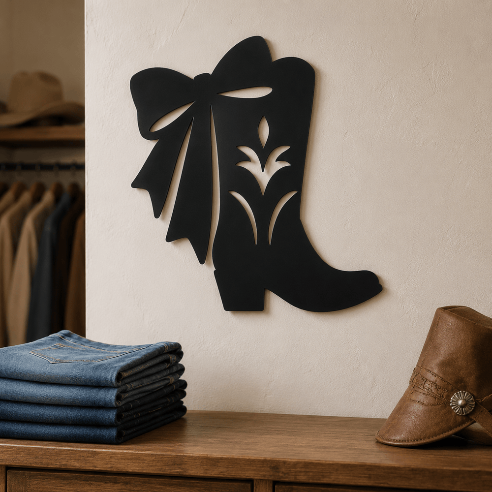 Matte Black D73 boot-only cowgirl wall sign above a Western dressing table