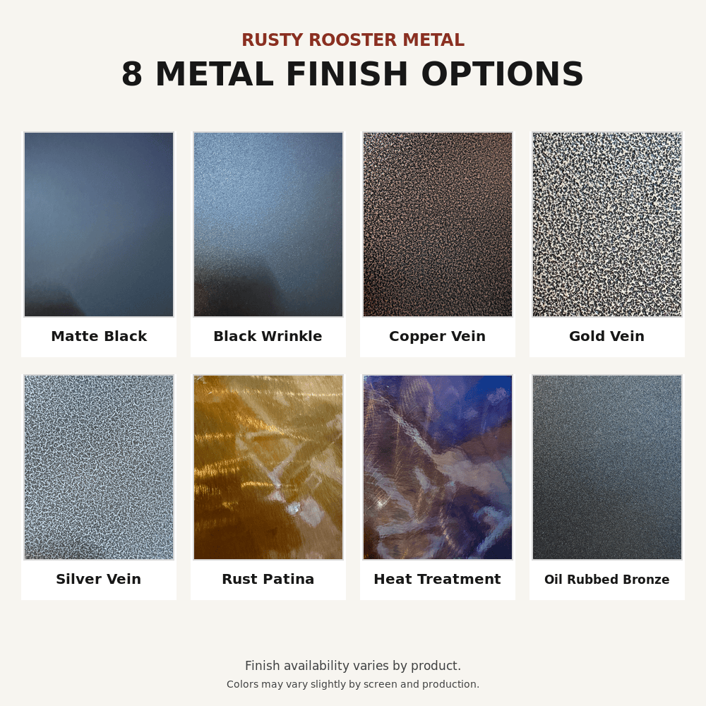Rusty Rooster Metal eight-finish color chart with Matte Black, Black Wrinkle, Copper Vein, Gold Vein, Silver Vein, Rust Patina, Heat Treatment, and Oil Rubbed Bronze