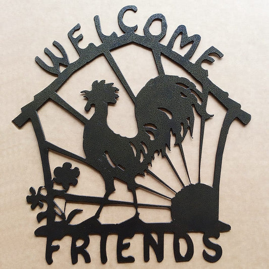 Rusty Rooster Fabrication & Design Metal Welcome Friends Sign with Rooster (D4)